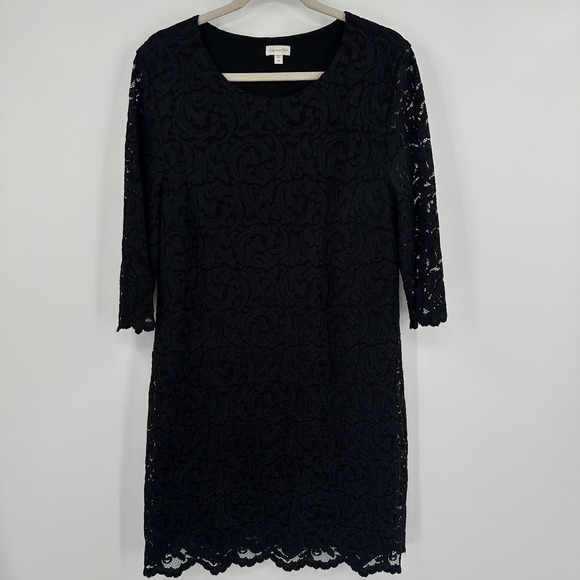 Garnet Hill Dress Womens 16 Black Lace Sheath 3/4 Sleeve Scallop Hem Cocktail - Picture 1 of 9